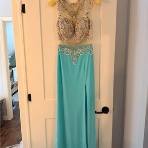 Elegant Beaded Gown with Aqua Skirt